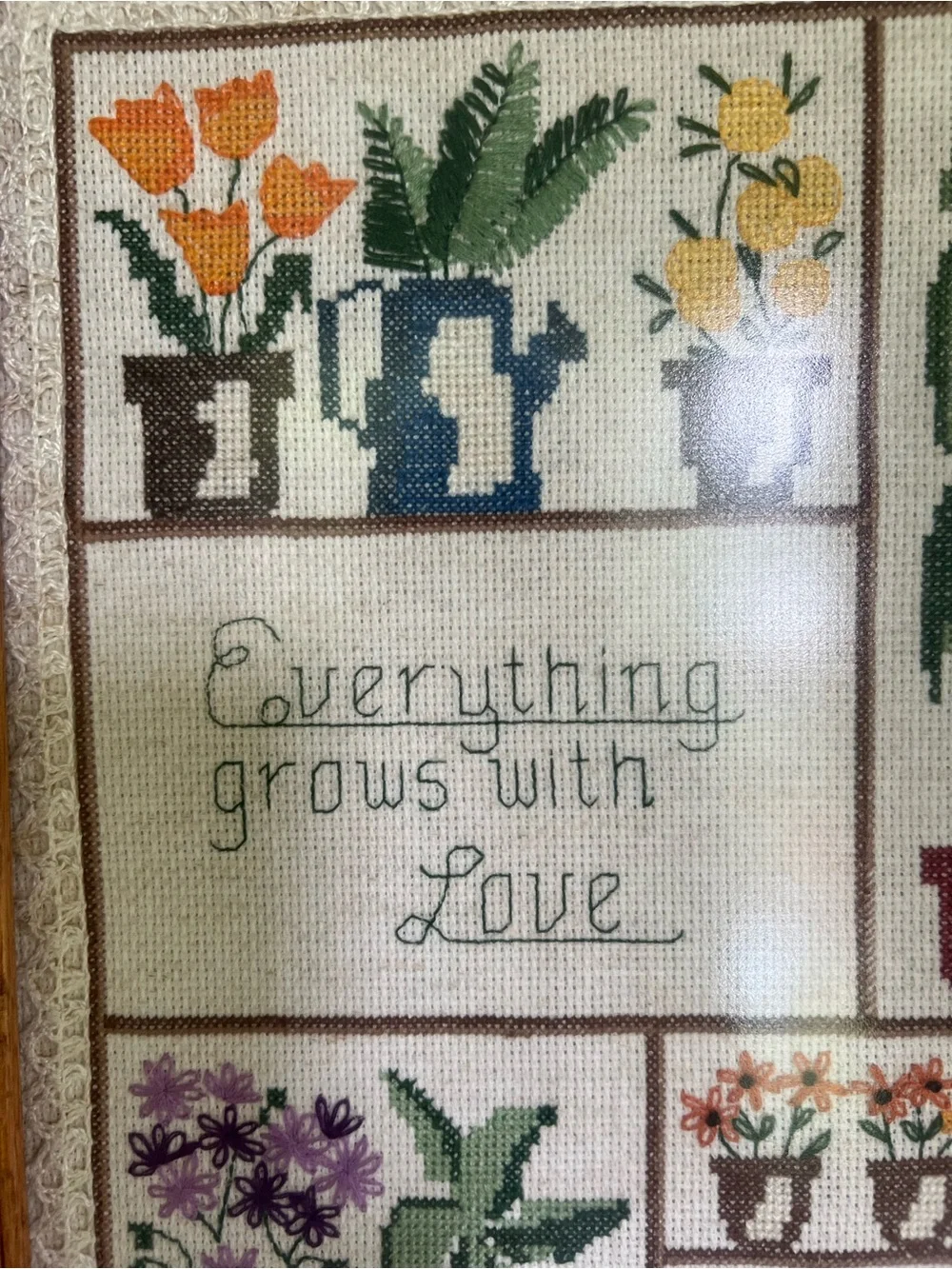 Framed Floral Cross-Stitch Wall Art - Brown Frame, Multicolor